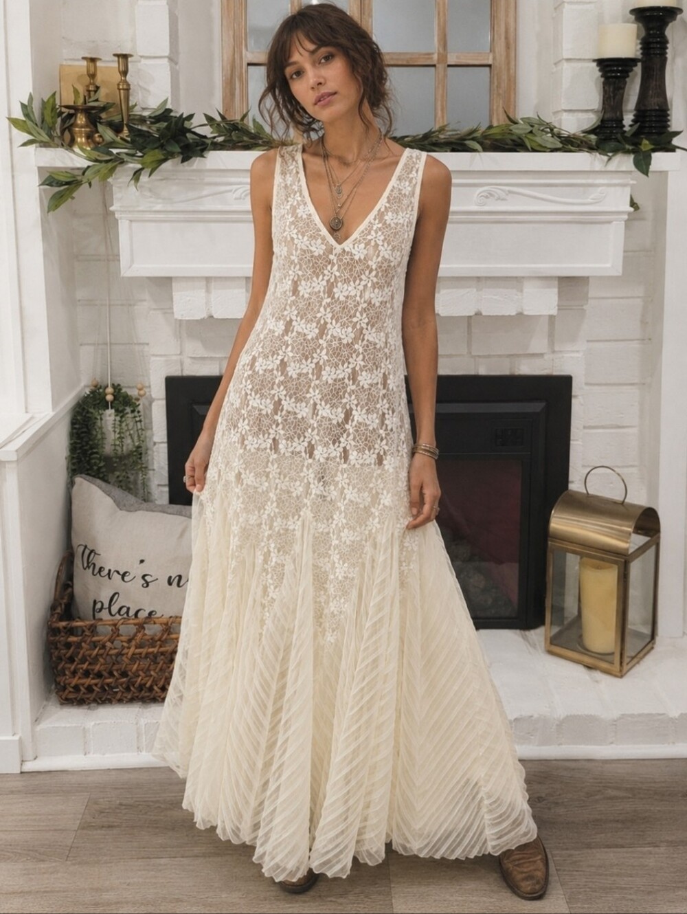 Anthropologie Cream Sheer All Over Lace Sleeveless Maxi Tunic Dress Xs-small